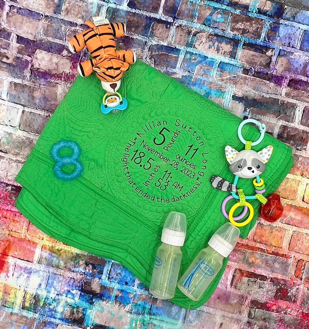 Custom Embroidered Heirloom Baby Quilt, Birth Announcement, Birth Stats