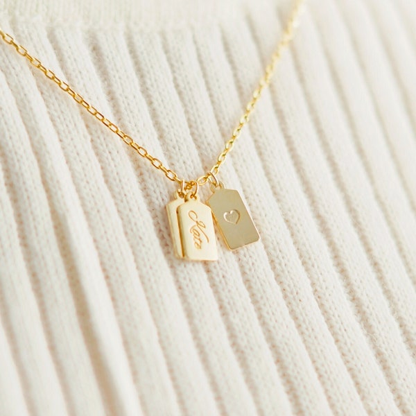 14k Solid Gold Bar Tag Halskette, Benutzerdefinierte Freundschaft Initialen Halskette, Minimalist Tag Choker, Geschenk für sie, Familie Tag Anhänger