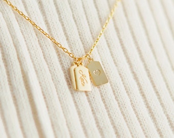 14k Solid Gold Bar Tag Halskette, Benutzerdefinierte Freundschaft Initialen Halskette, Minimalist Tag Choker, Geschenk für sie, Familie Tag Anhänger