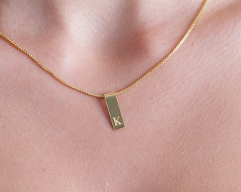 14k Dainty Initial Tag Necklace, Custom Anniversary Tag Initials Necklace, Letter Pendant Necklace in Box Chain, Initial Tag Pendant