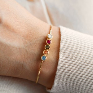 14K Solid Gold Birthstone Bracelet, Personalized Family Birthstone Jewelry, Custom Round Gemstone Bracelet, Gift For Her, Anniversary Gift