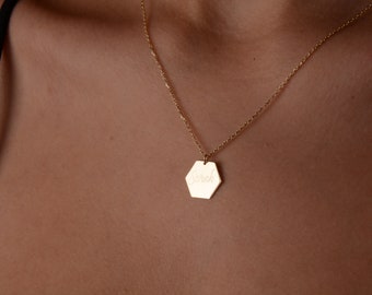 Hexagon Necklace, 14K Solid Gold Necklace, Engraved Necklace, Personalized Gold Necklace, Personalized Gift, Mothers Day Gift, Gift for Mom