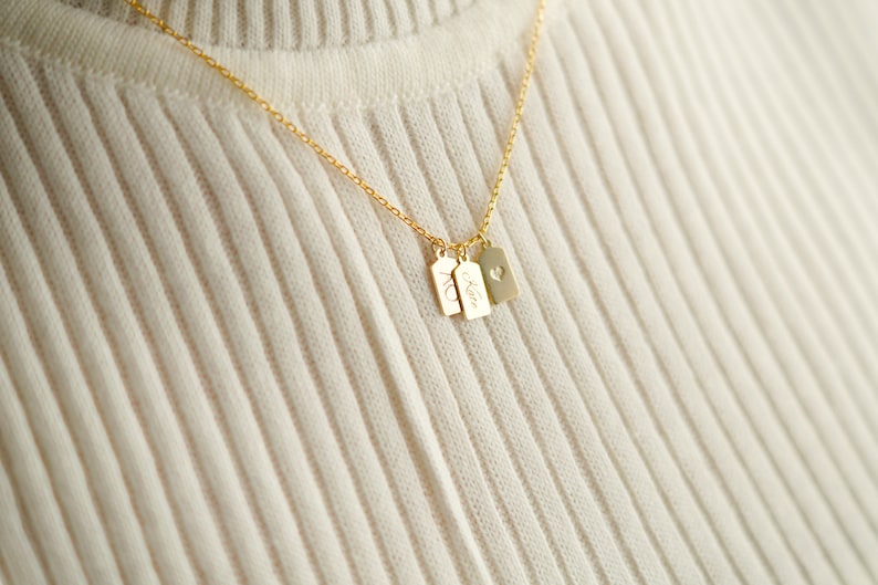 14k Solid Gold Bar Tag Necklace, Custom Friendship Tag Initials Necklace, Minimalist Tag Choker, Gift for Her, Family Tag Pendant image 4