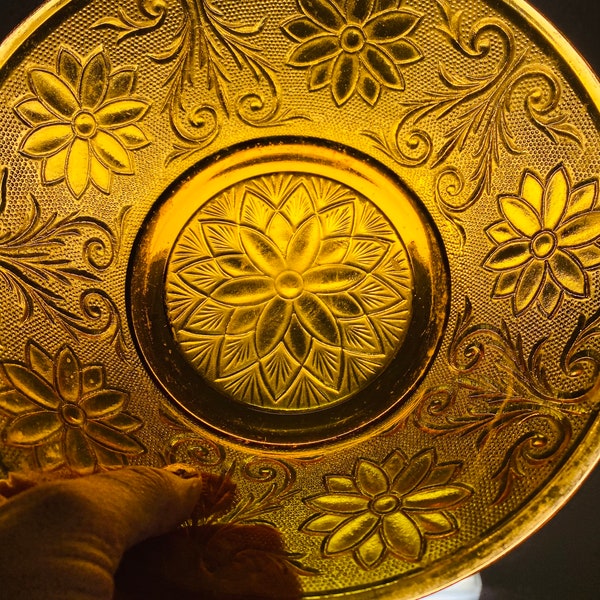 Vintage Pressed Yellow Glass Display Bowl- Tiara Amber Floral Pattern Round Bowl Retro Glassware  8.5”