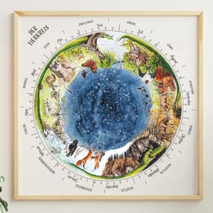 Dierenplaatje voor de kinderkamer, mandala met dieren in de seizoenen, perfect cadeau voor de basisschool, geïnspireerd op de Waldorfpedagogiek