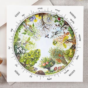 Cycle annuel de la forêt, calendrier celtique des arbres, calendrier perpétuel, aquarelle arbres, carte postale carrée, forêt cadeau