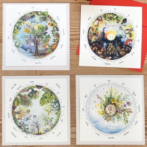 Images des quatre saisons, cercles annuels à l'aquarelle peints à la main, 4 cartes postales carrées, parfaites pour la table saisonnière Montessori et Waldorf