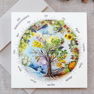 Arbre de vie cercle annuel, arbre de saison, carré de carte postale aquarelle pour table de saison Montessori et Waldorf, photo de saison