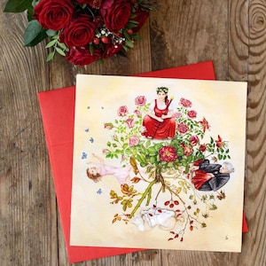 Può includere: Illustrazione ad acquerello su una carta quadrata con una donna in abito rosso circondata da rose. Un mazzo di rose rosse e una busta rossa su una superficie di legno.