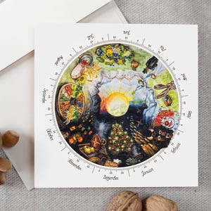 Karte Jahreskreisfeste, Jahresrad Rituale, immerwährender Kalender für Jahreszeitentisch, Geburtstagskarte spirituell, Postkarte quadratisch