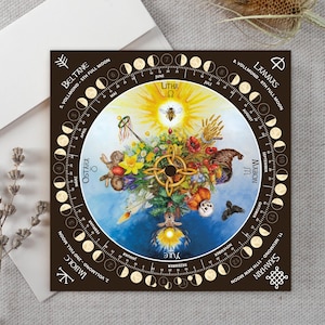 Calendrier celtique et calendrier lunaire perpétuel avec fêtes annuelles, carte aquarelle pour bricolage, cadeau ésotérique spirituel