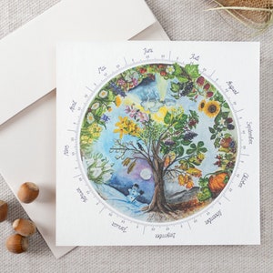 Arbre de vie cercle annuel, arbre de saison peint, carré de carte postale aquarelle pour table de saison Montessori et Waldorf