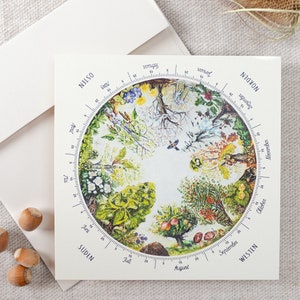Cercle annuel de la forêt, cercle d'arbres celtiques, calendrier perpétuel, arbres à l'aquarelle, carré de carte de nouvel an, forêt cadeau