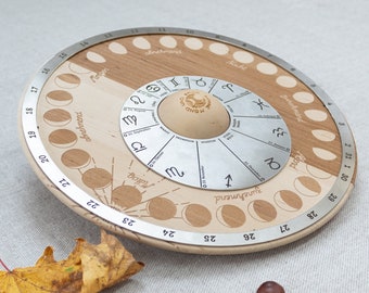 Perpetual lunar calendar for the table, moon wheel wood stainless steel, with moon phases and zodiac signs or constellations for biodynamicists