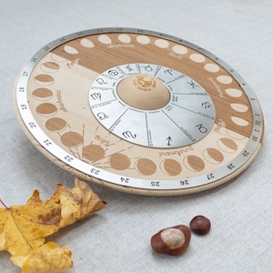 Perpetual moon calendar for the table, moon wheel made of wood and stainless steel, with moon phases and moon signs or constellations, tool for moon fans image 1