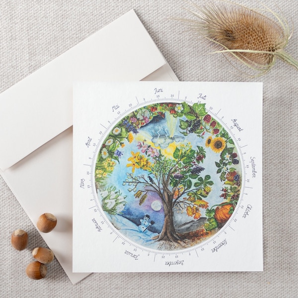 Jahreskreis Baum des Lebens, Jahreszeitenbaum gemalt, immerwährender Kalender, Postkarte quadratisch für Jahreszeitentisch etc.