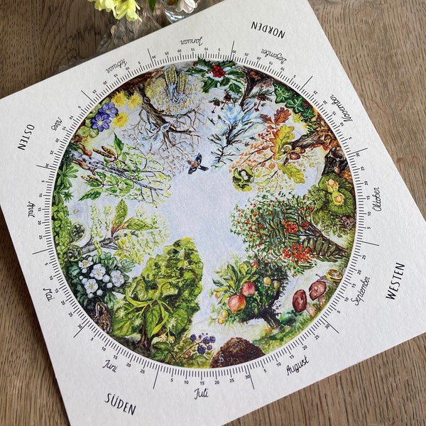 Baumkalender Poster / Jahreskreis des Waldes / Aquarell Kunstdruck / 24 x 24 cm
