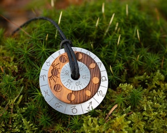 Perpetual lunar calendar, moon wheel, unique wooden jewelry for moon lovers, moon necklace in puristic natural style