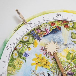May include: A colorful, circular wall clock with a watercolor floral design. The clock face features months in German, a wooden sun-shaped pointer, and a wooden clip with the name "Anna" and the date "12.5.18". The clock is decorated with various flowers and butterflies.