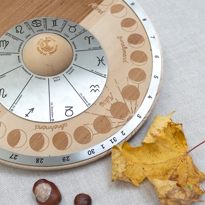 Perpetual moon calendar for the table, moon wheel made of wood and stainless steel, with moon phases and moon signs or constellations, tool for moon fans image 3