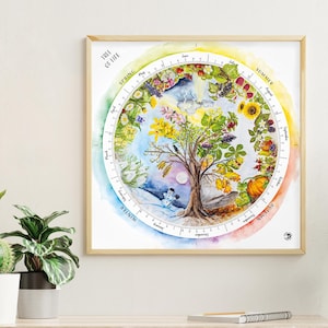 Op de afbeelding: Een ingelijste aquarelprint getiteld "Levensboom" toont een boom omringd door een seizoenskalender. De kalender is verdeeld in seizoenen, met illustraties van bloemen, fruit en een sneeuwpop. Het kunstwerk zit in een houten lijst.