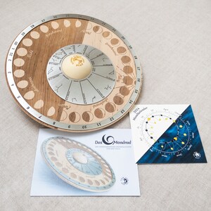 Perpetual moon calendar for the table, moon wheel made of wood and stainless steel, with moon phases and moon signs or constellations, tool for moon fans image 9