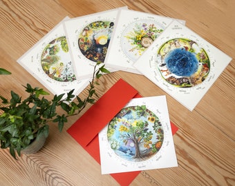 Five annual circles, hand-painted motifs in watercolors, set of 5 square postcards including envelopes, perfect for Montessori and Waldorf