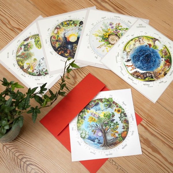 Fünf Jahreskreise, handgemalte Motive in Aquarellfarben, Set mit 5 Postkarten quadratisch inkl. Kuverts, perfekt für Montessori und Waldorf