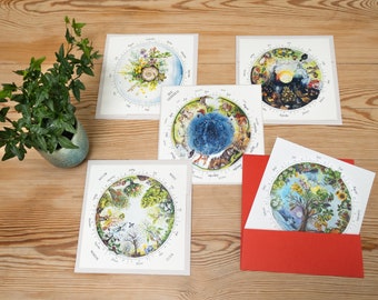 Five annual circles, hand-painted motifs in watercolors, set of 5 square postcards including envelopes, perfect for Montessori and Waldorf