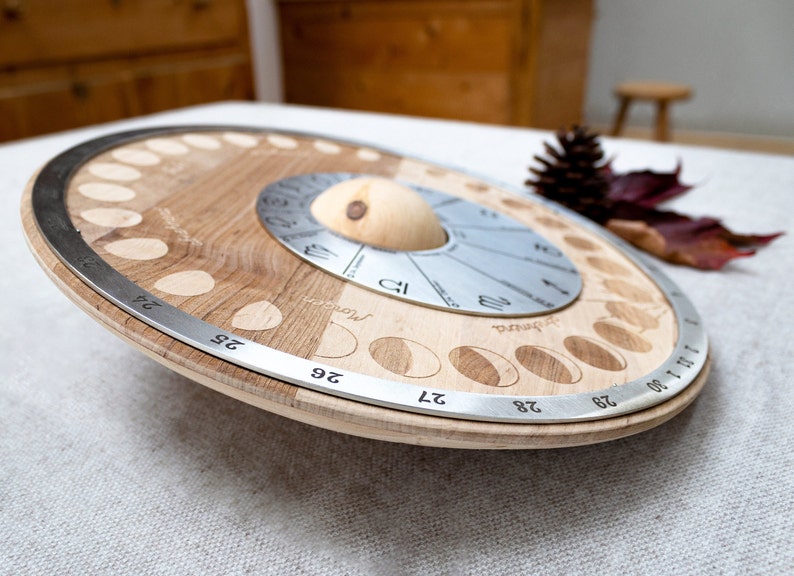 Perpetual moon calendar for the table, moon wheel made of wood and stainless steel, with moon phases and moon signs or constellations, tool for moon fans image 6