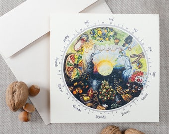 Annual cycle of rituals, perpetual holiday calendar with hand-painted motif, postcard square 15 x 15