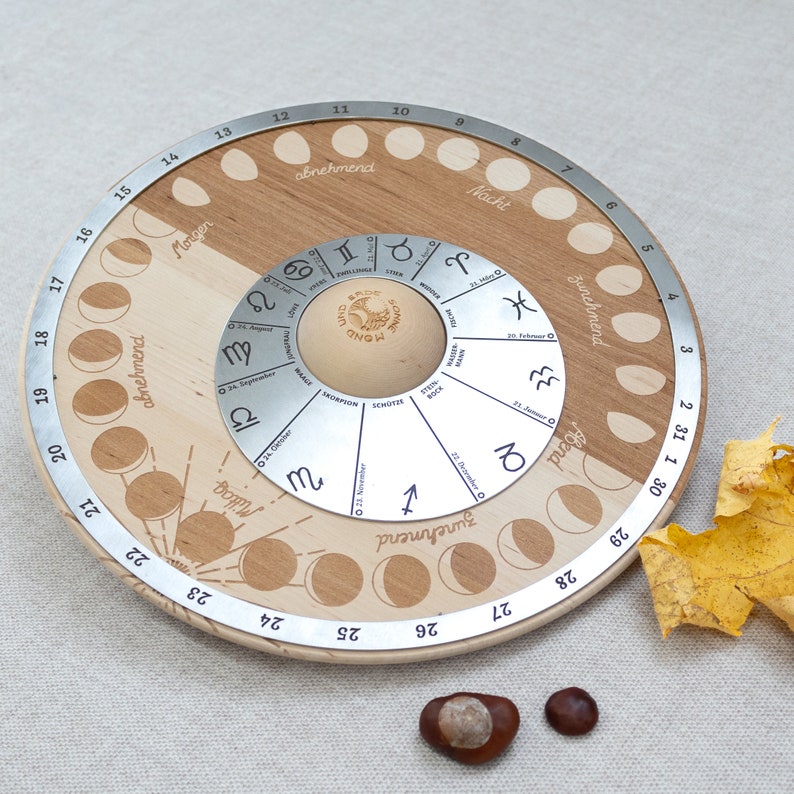 Perpetual moon calendar for the table, moon wheel made of wood and stainless steel, with moon phases and moon signs or constellations, tool for moon fans image 8
