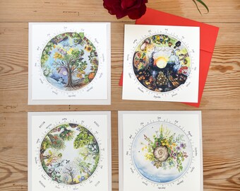 Four annual circles / postcard set with hand-painted motifs / four cards 15 x 15 cm plus envelopes