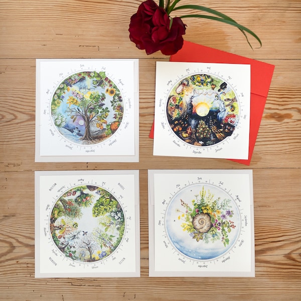 Vier Jahreskreise / Postkarten-Set mit handgemalten Motiven / Vier Karten 15 x 15 cm plus Kuverts