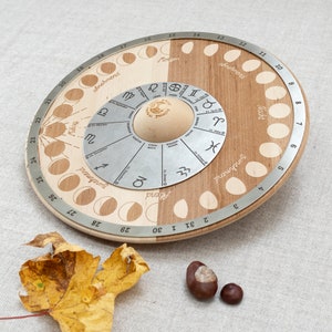 Perpetual moon calendar for the table, moon wheel made of wood and stainless steel, with moon phases and moon signs or constellations, tool for moon fans image 7