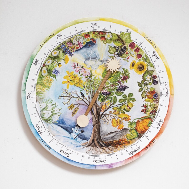 May include: A circular watercolor illustration of a tree representing the seasons. The design includes a wooden pointer and a sun-shaped element. The seasons are labeled with months and the words "Winter", "Spring", "Summer", and "Autumn".