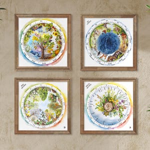 Vier Jahreszeiten Bilder, handgemalte Aquarell Jahreskreise, 4 Poster quadratisch, für Kinderzimmer, Jahreszeitentisch Montessori u. Waldorf