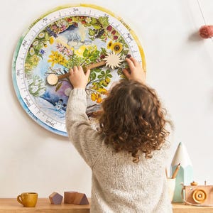 Ein Kind dreht am Zeiger des farbenfrohen, kreisförmigen Jahreszeitenkalenders. Der Kalender zeigt einen fiktiven Jahreszeitenbaum umringt von Blumen, Früchten und saisonalen Elementen. Der Sonnenzeiger zeigt aufs aktuelle Datum, zugleich zeigt er damit an, wie hoch die Sonne zu dieser Jahreszeit über den Himmel zieht.
