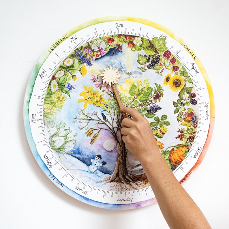 May include: A colorful, circular seasons chart with a wooden pointer. The chart features illustrations of seasonal changes, including flowers, fruits, and a snowman. The pointer is held by a person's hand, indicating the current season.