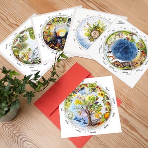 Five annual circles, postcard square with seasons pictures, postcard set nature for Waldorf and Montessori seasons table