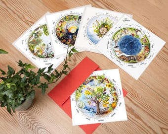 Five annual circles, postcard square with seasons pictures, postcard set nature for Waldorf and Montessori seasons table