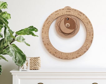 Calendrier lunaire perpétuel en bois pour le mur, version anglaise du calendrier lunaire perpétuel avec phases de lune et signes du zodiaque, roue de lune