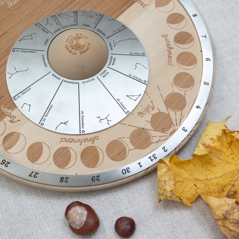 Perpetual moon calendar for the table, moon wheel made of wood and stainless steel, with moon phases and moon signs or constellations, tool for moon fans image 2