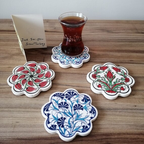 4x Turkish Ceramic Coaster Set, Mixed Set of 4 Ceramic Tile Coaster, Cup  Coasters ,home Decor 