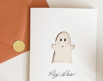 Halloween Greeting Card, Watercolor Ghost Card, Boo Basket Card, Hey Boo, Boho Ghost, Fall Stationery, Halloween Aesthetic, Thank You Card