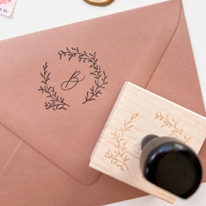 Calligraphy Monogram Stamp, Wedding Monogram Stamp, Greenery Wreath Stamp, Floral Wreath Rubber Stamp, Self Inking Stamp, Wedding Gift