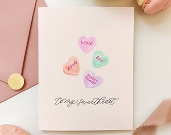To My Sweetheart Valentine's Day Card, Conversation Hearts Valentine's Card, Husband Valentine's Card, Watercolor Candy Hearts Love Card