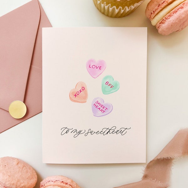 To My Sweetheart Valentine's Day Card, Conversation Hearts Valentine's Card, Husband Valentine's Card, Watercolor Candy Hearts Love Card