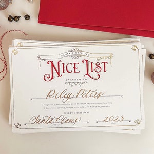 Certificat officiel de belle liste du père Noël, certificat du père Noël de calligraphie à la main, lettre du père Noël personnalisée estampée en feuille d'or, courrier officiel du père Noël