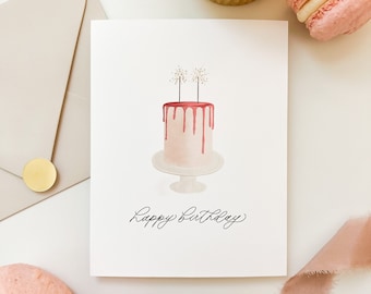 Birthday Card, Pink Birthday Cake Greeting Card, Minimal Watercolor Birthday, Sister Birthday Card, Friend Birthday Card, Girl Birthday Card